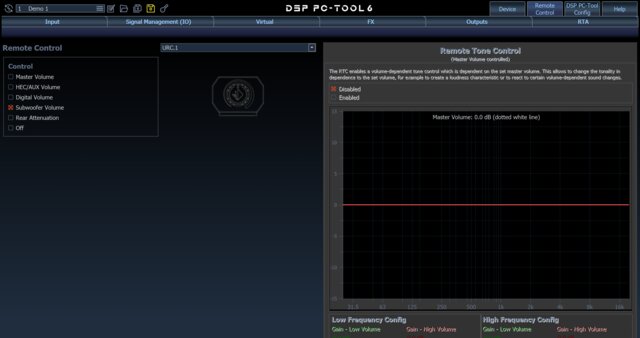 PC-Tool remote control screen with the URC.1 set to subwoofer volume
